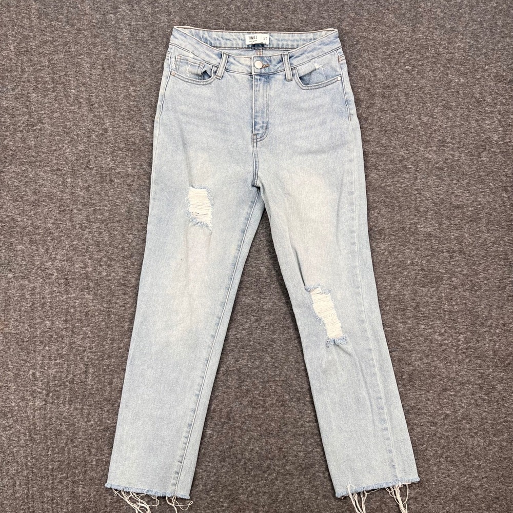 TINSEL Womens High Rise Distressed Straight Leg Jeans Light Wash Raw Hem 27